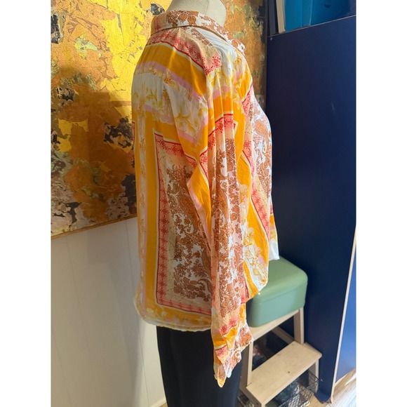 Calypso St. Barth Tropical Cotton Paisley & Shell Print Long Sleeve Blouse XL - Picture 3 of 8